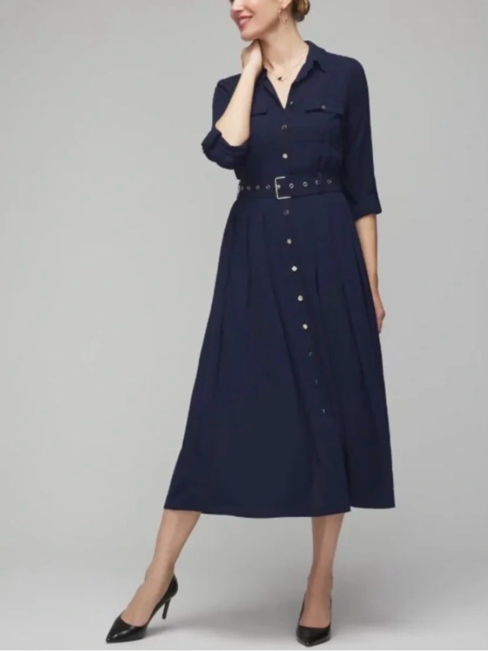 WHBM Long Navy Shirt Dress with Belt - Picture 1 of 6